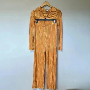 Rachel Zoe yellow mustard satin ribbed shirt pants  set suit